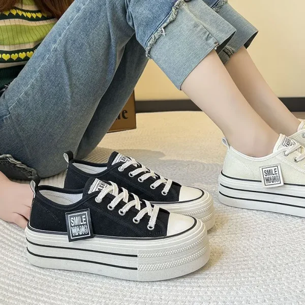 2024 New Women's Black Platform Canvas Sneakers Lace-up Comfortable Shoes Fashion Outdoor Multi-functional Sports Canvas Shoes - Image 6