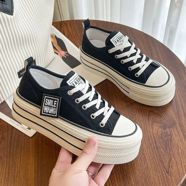 2024 New Women's Black Platform Canvas Sneakers Lace-up Comfortable Shoes Fashion Outdoor Multi-functional Sports Canvas Shoes - Image 4