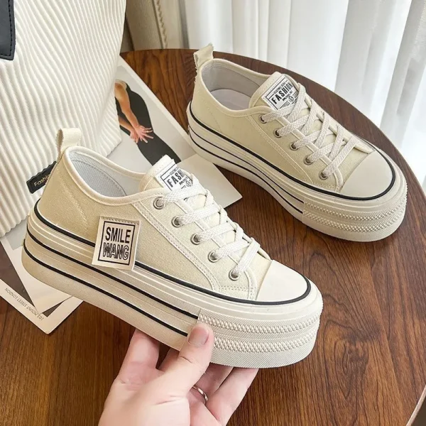2024 New Women's Black Platform Canvas Sneakers Lace-up Comfortable Shoes Fashion Outdoor Multi-functional Sports Canvas Shoes - Image 3